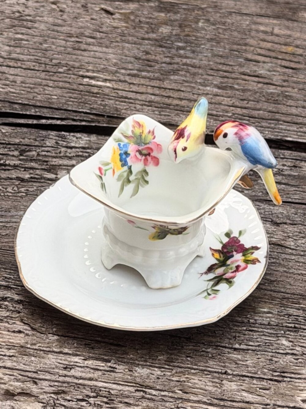 Vintage Hand Painted MT Japan Bird Bath Miniature Tea Cup & Saucer Parrot Handle
